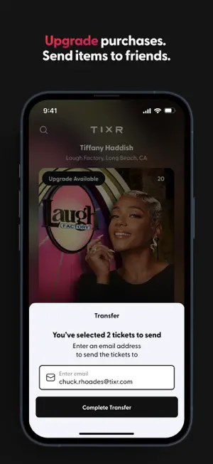 Transfer sheet sending 2 tickets to an email address for Tiffany Haddish at Laugh Factory, Long Beach, with an Upgrade Available tag