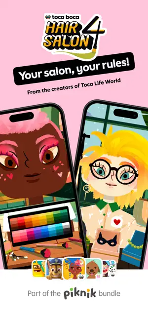 Hair Salon 4 title art over two phones, one with a pink-haired character above a dye palette, one blonde in glasses, with a Piknik bundle footer