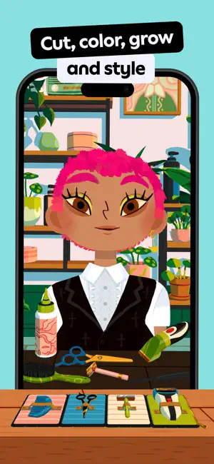 Hair station with a pink-haired character in a black vest above four tool cards holding scissors, a razor and clippers