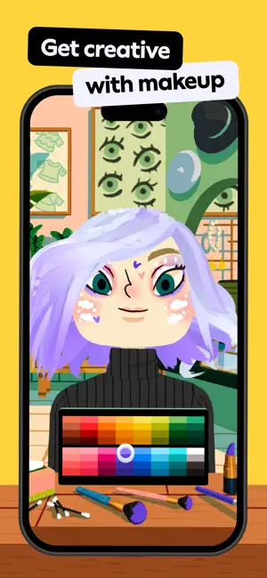Face Station with a lilac-haired character, a two-row makeup color palette, brushes, cotton buds and a lipstick