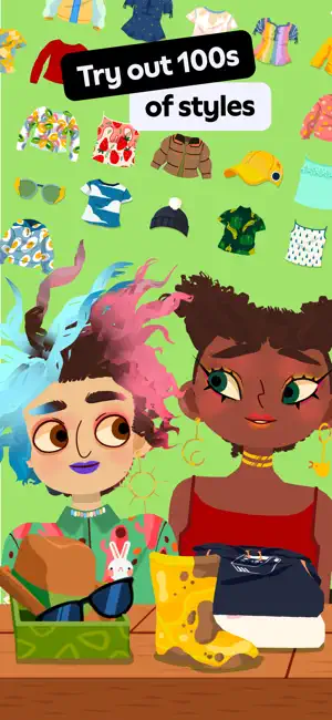 Style station with shirts, jackets, caps and sunglasses floating around two characters with blue-pink and curly brown hair