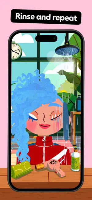 Shampoo station with a blue-haired character under a shower head as face paint runs off, beside a towel and hair dryer