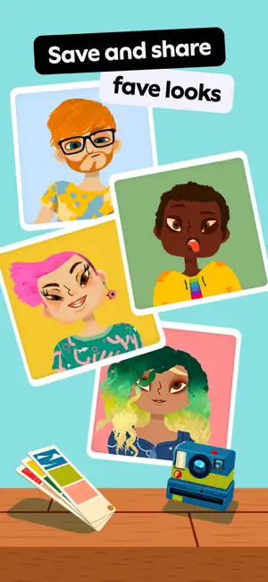 Four saved portrait cards, including a bearded man in glasses and a green-haired girl, next to an instant camera