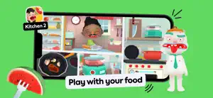 Toca Boca Jr Kitchen 2 card: a character at a kitchen table beside a stove and frying pan, captioned Play with your food
