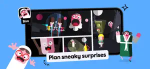 Boo game card: ghost characters in dark haunted-house rooms, captioned Plan sneaky surprises
