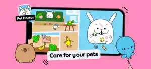 Pet Doctor card: a white bunny patient and small animals in clinic rooms, captioned Care for your pets