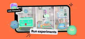 Lab: Elements card: lab machines with round element creatures, captioned Run experiments