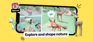 Nature card: a low-poly fox, deer and forest landscape, captioned Explore and shape nature