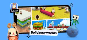 Builders card: block-built houses and builder characters on a grassy island, captioned Build new worlds