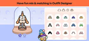 Outfit Designer showing a wardrobe grid of hats, tops and accessories