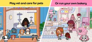 Split view of a vet clinic with pets and a bakery counter
