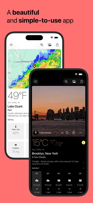 Radar map with rain bands between Kansas City and St. Louis above a 49°F forecast for Lake Ozark, beside a dark-mode Brooklyn screen with a sunset community photo and a 15°C hourly strip