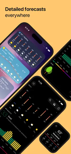 Home screen widgets for Sydney, Manhattan and City Centre next to a dark daily forecast with an air quality reading of 33 Good, a wind chart and an Apple Watch face showing 63° in Manhattan
