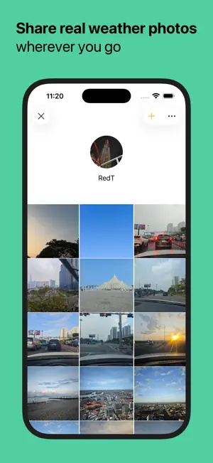 Community photo profile named RedT with a grid of user-shared sky, street and sunset weather photos