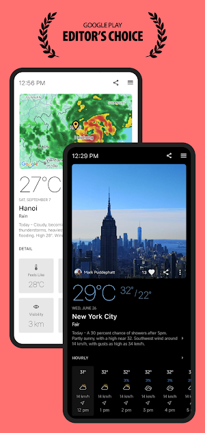 Google Play Editor's Choice banner above a typhoon radar near Haiphong with a 27°C rainy forecast for Hanoi, beside a dark New York City screen with a skyline photo, 29°C and an hourly strip