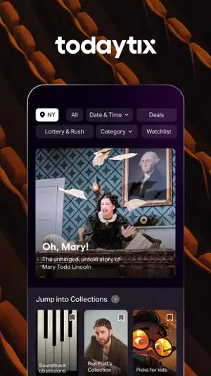 Home screen set to NY with Date & Time, Deals, Lottery & Rush and Watchlist filters above an Oh, Mary! banner