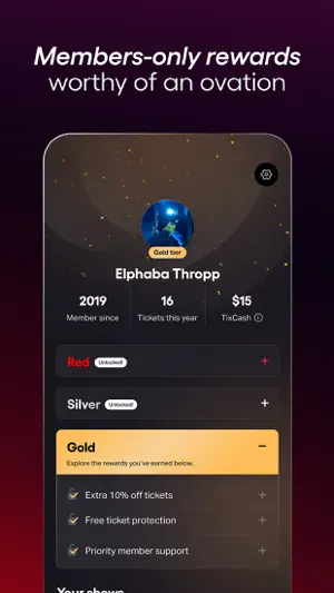 Rewards profile at Gold tier showing 16 tickets this year, $15 TixCash and perks such as an extra 10% off tickets