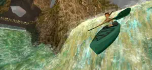 Kayaking down white-water rapids past a rock wall