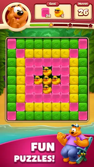 Beach-themed level with duck obstacles among the cubes
