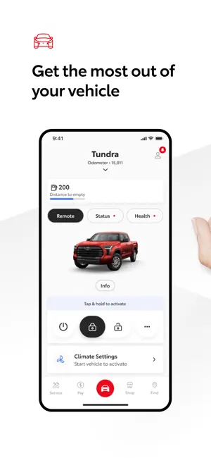 Toyota app home screen for a Tundra with 200 miles to empty, a red pickup and Remote, Status and Health tabs