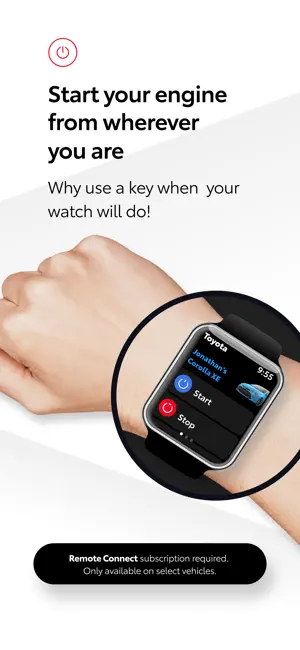 Smartwatch remote with Start and Stop buttons for a Corolla, marked Remote Connect subscription required