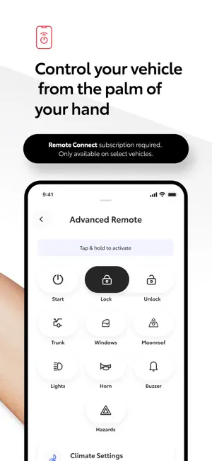 Advanced Remote grid with Start, Lock, Unlock, Trunk, Windows, Moonroof, Lights, Horn, Buzzer and Hazards buttons