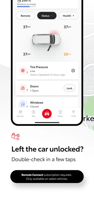 Vehicle Status tab with tire pressures of 37 and 25 psi, a low-tire alert, one open door and closed windows