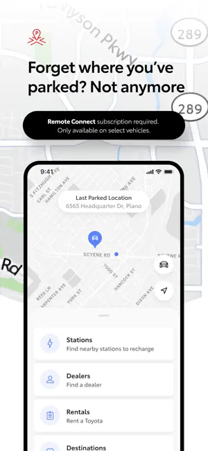 Find tab map pinning the Last Parked Location in Plano, with Stations, Dealers, Rentals and Destinations shortcuts