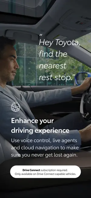 Driver asking Hey Toyota for the nearest rest stop, captioned Drive Connect subscription required