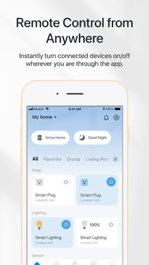 Tapo home screen with Arrive Home and Good Night shortcuts above smart plug and smart lighting tiles