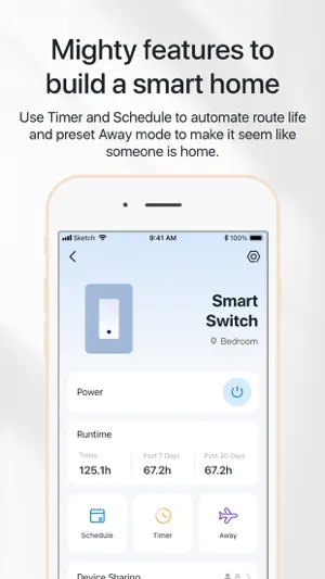 Smart Switch control page with runtime totals for today, 7 and 30 days and Schedule, Timer and Away buttons