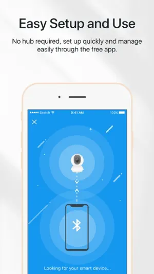 Bluetooth setup screen searching for a pan-tilt Tapo camera under the caption No hub required