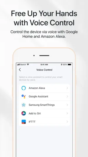 Voice Control menu listing Amazon Alexa, Google Assistant, Samsung SmartThings, Add to Siri and IFTTT