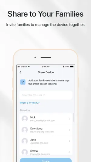Share Device screen for a smart socket with a TP-Link ID field and a list of family members