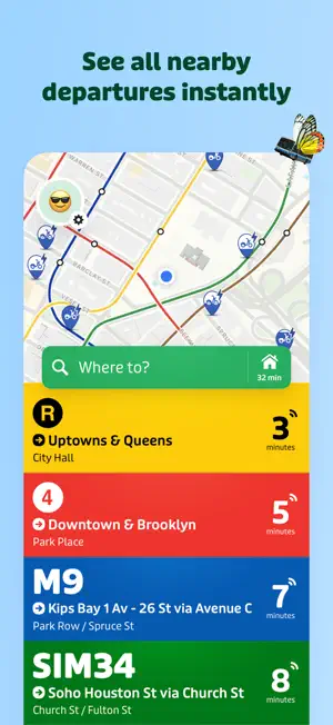 Transit home screen over a Lower Manhattan map with a Where to? search bar and nearby departures: R train in 3 minutes, 4 train in 5, M9 bus in 7 and SIM34 in 8