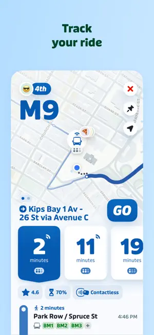 M9 bus to Kips Bay tracked on the map with next departures in 2, 11 and 19 minutes, a GO button and a Contactless badge for the Park Row / Spruce St stop