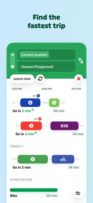 Trip planner from current location to Classon Playground comparing an A or C plus G train trip of 26 minutes, a 3 train plus B38 bus option and a 28-minute bike ride