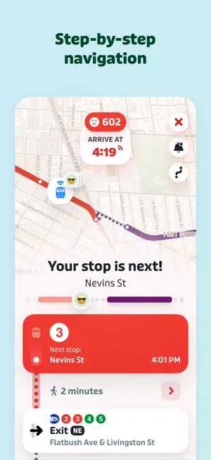 GO step-by-step navigation on the 3 train showing Your stop is next at Nevins St, arrival at 4:19 and the Flatbush Ave & Livingston St exit