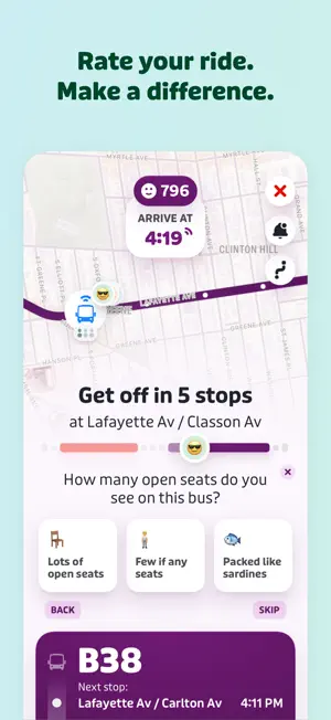 Rate-My-Ride prompt on the B38 bus asking how many open seats there are, with Lots of open seats, Few if any seats and Packed like sardines options