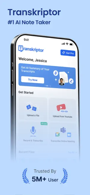 Home screen with a welcome banner offering an AI summary, tiles for Upload a File, Upload from YouTube, Record & Transcribe and Transcribe Online Meeting, and a Trusted By 5M+ User badge