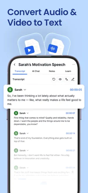 Transcript tab of a file titled Sarah's Motivation Speech with timestamped lines from speaker Sarah, beside AI Chat, Notes and Learn tabs