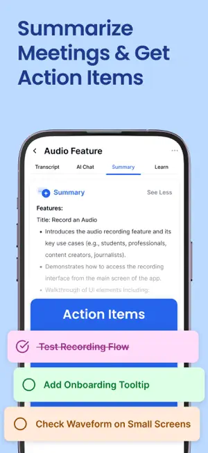 Summary tab of an Audio Feature note with bullet points, over a checklist of three action items, one struck through