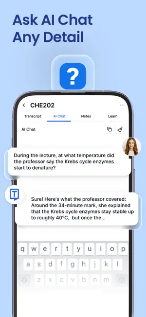 AI Chat tab for a CHE202 lecture where a question about enzyme denaturing temperature gets an answer citing the 34-minute mark