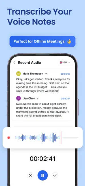 Record Audio screen with two named speakers, Mark Thompson and Lisa Chen, over a waveform at 2:41 and a banner reading Perfect for Offline Meetings