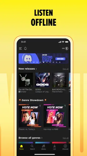 Home screen with a Discord server banner, a New releases row with Drake and Marshmello albums, and Genre Showdown vote cards