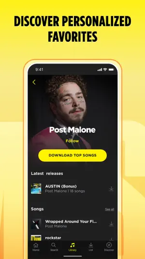 Post Malone artist page with a yellow Download Top Songs button, latest releases and a song list with download icons