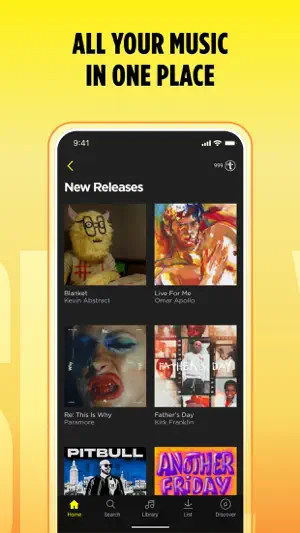 New Releases grid with album covers from Kevin Abstract, Omar Apollo, Paramore, Kirk Franklin and Pitbull