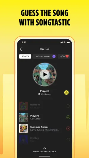 Songtastic guess-the-song round in the Hip-Hop category with points, level progress and four answer choices