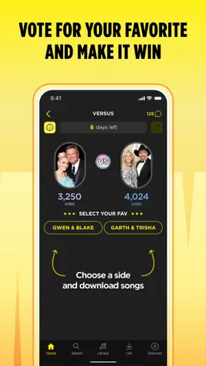 Versus vote between Gwen and Blake and Garth and Trisha with vote counts, six days left and a prompt to download songs
