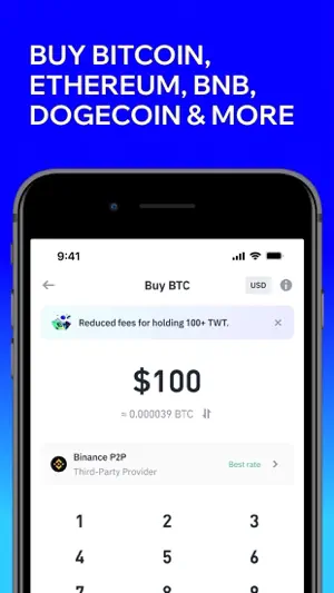 Trust Wallet Buy BTC screen with $100 entered, Binance P2P listed as a third-party provider marked Best rate, and a reduced-fee banner for TWT holders